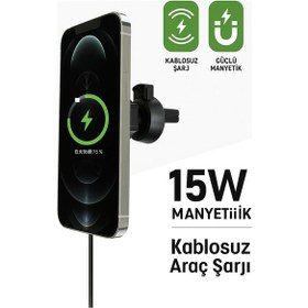 Resim 15w Manyetik Kablosuz Araç Şarjlı Telefon Tutucu Hızlı Şarj Destekli 360 Dönebilir Güçlü Mıknatıslı 