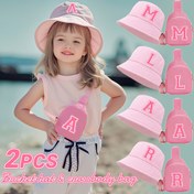 Resim 2 Adet Çocuk 26 Harf Baskılı Pembe Kova Şapka ve Pembe Çapraz Çanta Seti, Şık Güneşlikli Orta Boy Para Cüzdanlı Kova Şapka, 5-10 Yaş Kızlar İçin Günlük Kullanım ve Okula Dönüş için Uygun 