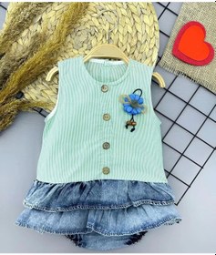 Resim 6-9-12-18 Ay Gül Rozet Detaylı Kot Kilotlu Etek Kız Bebek Elbisesi Yeşil Yeşil 