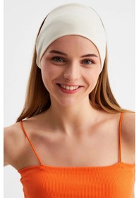 Resim Kadın Çift Taraflı Kullanım Alternatifli Pamuklu Penye Kaymaz Hafif Spor Saç Bandı Bandana - Tek Ebat / Bej Bej 