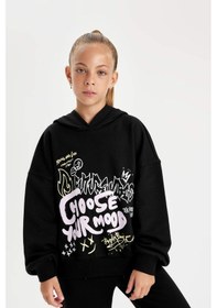 Resim DeFacto Kız Çocuk Siyah Oversize Geniş Kalıp Kapüşonlu Baskılı Sweatshirt D0614A824AUBK81 Siyah 
