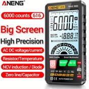 Resim ANENG 616 6000 Sayım Büyük Ekran Yüksek Hassasiyetli Multimetre - AC/DC Gerilim, Direnç, Sıcaklık, Kapasitans, NCV İndüksiyon, Dijot Test Cihazı, Otomatik Güç Kapanışı, Kompakt Taşınabilir Tasarım (Pil Dahil Değil), Elektrik Testi için Multimetre, Dayanıklı Yapı 
