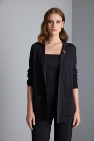 Resim Arı Broş Detaylı Bol Kesim Siyah Triko Blazer Ceket 