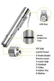 Resim For Prime Usb Ile Şarj Edilebilen 3 In 1 Lazer Pointer Uv El Feneri + El Feneri Kırmızı Işık + Beyaz Meşale 