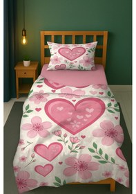 Resim Kalp Bahçesi Çiçekli Kalpli Tek Kişilik Çocuk Nevresim Seti Pembe 