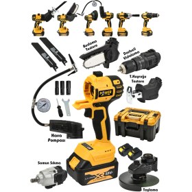 Resim Power Black 6 Lı Pro Set Taşlama Şarjlı Matkap Testere Tilki Kuyruğu Havalı Pompa Somun Sökme Sarı 
