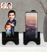 Resim Bk Gift Kişiye Özel Baba Oğul Karikatürlü Ahşap Biblo Telefon Standı-2 