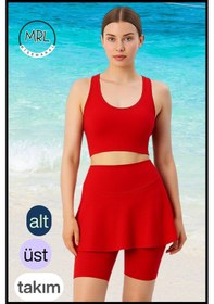 Resim Kadın Takım Alt - Üst Biker Şort Diz Üstü &crop Bra Ped Destekli Denizde Havuzda Sporda Kırmızı Kırmızı 