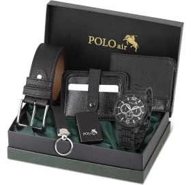 Resim Polo Air Erkek Kol Saati Cüzdan Kemer Kartlık Çakmak Anahtarlık Kombin Siyah Set PL-0850E1 