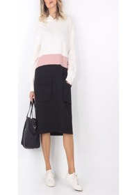 Resim Kapüşonlu Torba Cep Beyaz Siyah Somon Renk Sweatshirt Elbise 