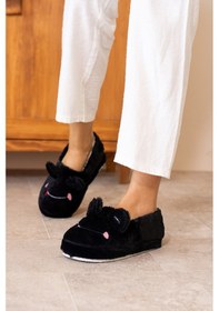 Resim Albishoes Kışlık Içi Tüylü Kadın Ev Ayakkabı Kurbağa Figürlü Kaydırmaz Rahat Taban Panduf Ev Botu Siyah 