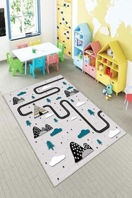 Resim Pelangi Gri Çadır Ve Trafik Yollu Yıkanabilir Kaymaz Taban Leke Tutmazbebek Ve Çocuk Odası Halısı, Gri-Mavi 40 x 40, 9013570844040 