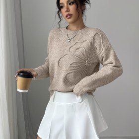 Resim Şık Kadınlar Düz Renk Çiçek Desenli Kazak, Günlük Yuvarlak Yaka Uzun Kollu Üst Sonbahar ve kış için Rahat İşe Gitme 