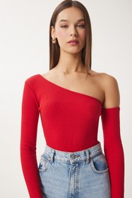 Resim Happiness İstanbul Kadın Kırmızı Açık Omuzlu Fitilli Örme Bluz TG00011 