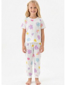 Resim Bunny Hopp Renkli Çiçek Desenli Kısa Kollu Kız Çocuk Pijama Takımı - Pamuklu Beyaz Takım 12 - 13 Yaş 