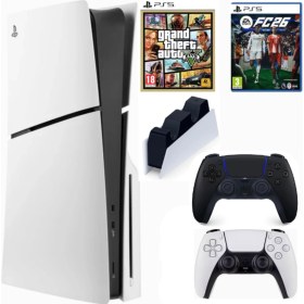 Resim Sony Playstation 5 Slim CD CFI-2116 En Yeni Versiyon (Ithalatçı Gaarntili) +2.dualsense Siyah Jarj Istasyonu FC26 + Gta5 