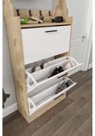 Resim Zigana 3 Düşer Kapaklı Askılıklı Dekoratif Ayakkabılık Beyaz - Meşe 