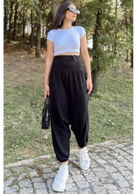 Resim Kadın Siyah Yüksek Bel, Paçası Lastikli, Salaş Örme Şalvar Pantolon Siyah 