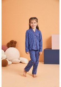 Resim Pjs Kız Çocuk Kalpli Önden Düğmeli Gömlek Yaka Uzun Kollu Pijama Takım Mavı 