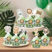 Resim 16 adet (8 set) Orman Safari Temalı Hayvan Cupcake Topper Sarıcı Sevimli Aslan Maymun Kek Süslemesi Hayvan Doğum Günü Partisi Süslemeleri, Bebek Duşu Dekoru 
