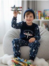 Resim Zekids Erkek Çocuk Uçak Polar Desenli Pijama Takımı-16813 Lacivert 