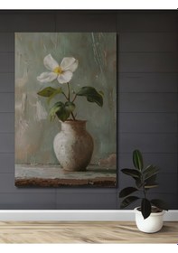 Resim Beyaz Çiçekli Vazo Yağlı Boya Görünümlü Dekoratif Ahşap Ev,Antre,Salon,Ofis,Mutfak,Yatak Odası Tablo--- 40 X 30 