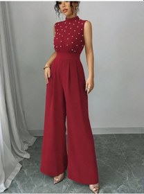 Resim Efnaz Style Kadın Balıkçı Yaka Kolsuz Incili Beli Kuşaklı Uzun Janjan Tulum Kırmızı 