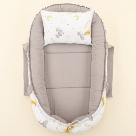 Resim Babynest ve Yastık - Çift Taraflı - Açık Gri Muslin - Gri Tavşan 