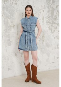 Resim Livanomi Gömlek Yaka Kemerli Denim Kısa Elbise Mavi 