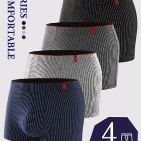 Resim 4 Adet Erkek Çizgili Boxer Külot, Yüksek Esneklikli Polyester-Spandex Karışımı, Elastanlı Örme Kumaş Şort Külot, Rahat Yetişkin Sporcu İç Çamaşırı 