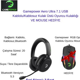 Resim Gamepower Aero Ultra 7.1 USB Kablolu/kablosuz Kulak Üstü Oyuncu Kulaklığı +Oyuncu Mouse Hediye 