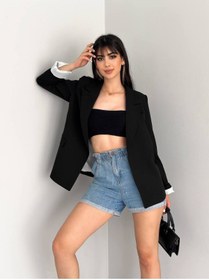 Resim han fashion Kadın Kruvaze Yaka Düğmesiz Cepli Astarlı Siyah Blazer Ceket 