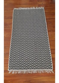 Resim Pamuklu Cotton Kilim Çift Taraflı Yıkanabilir Dekoratif 80x150 - Siyah Beyaz V1 Siyah - Beyaz 