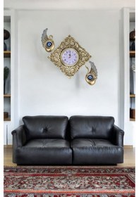 Resim Dekoratif Polyester Duvar Saati Ve Nazar Boncuklu 2 Kuğu Altın 