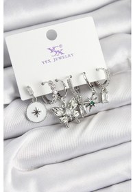 Resim Pirinç Zirkon Taşlı Kelebek Ve Yıldız Model Gümüş Renk 3'lü Çift Kadın Küpe Renkli 