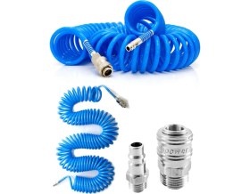 Resim Profesyonel Yüksek Kalite Kompresör Spiral Hava Hortumu 8 mm 15 mt Hava Jakı Kompresör Recor Seti 