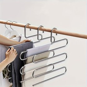 Resim 1 Adet Paslanmaz Çelik S Şekilli Pantolon Askısı - Çok Katmanlı Kaydırmaz Kot ve Pantolon Düzenleyici, Parlak Yüzeyli, Dayanıklı Gardırop Organizasyonu, Kompakt Tasarım, Sağlam Yapı, Düzgün Görünüm 
