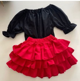 Resim özge başaran Kız Çocuk Kırmızı Fırfırlı Etek Balon Kol Siyah Bluz Kırmızı Bandana Set.-6-9 Ay 