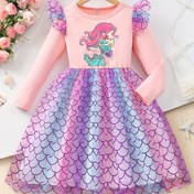 Resim Kız Çocuk Uzun Kollu Yuvarlak Yaka Balık Kuyruğu Balık Pul Desenli File Elbise 