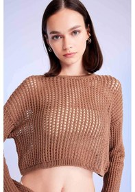 Resim Defacto Regular Fit Bisiklet Yaka Kroşe Ajurlu Delikli Crop Triko Kazak T4513AZ24AUBG111 Bej 