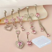 Resim Kadınlar için tasarlanmış 7 Dangling Karın Düğümü Seti, Pembe ve Altın Kalp ve Kelebek Motifleriyle Yaz Günlük Giyim için Mükemmel ve Kutusunda Gelir. 