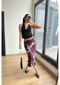 Resim Mixray 4647 Kadın Beli Lastikli Leopar Saten Etek Bordo 