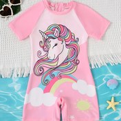 Resim Kızlar İçin Pembe Karikatür Unicorn Baskılı Tek Parça Yazlık Mayo 