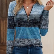 Resim 2025 İlkbahar/Yaz Avrupa ve Amerika Sınır Ötesi Amazon Çok Satan V Yaka Fermuarlı Patchwork Uzun Kollu Baskılı Bayan Tişört 