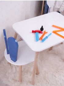 Resim Montessori Çocuk Çalışma Masası Takımı: 1 Beyaz Masa & 1 Mavi Bunny Sandalye Mavi 