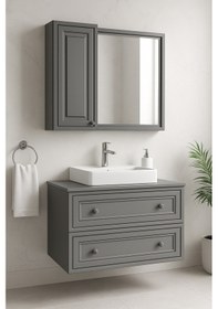 Resim Creavit Perge 100 Cm Lavabo Dolabı Mat Gri Led Ayna Ve Ayna Yan Dolap Seti Taş 