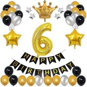Resim Büyük Boy Kral Taçlı Gold-Gümüş-Siyah 6 Yaş Doğum Günü Seti 