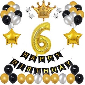 Resim Büyük Boy Kral Taçlı Gold-Gümüş-Siyah 6 Yaş Doğum Günü Seti 