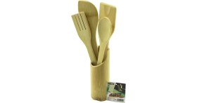 Resim İsmiyle Al 5pcs Ahşap Bambu Mutfak Seti Stand - Kaşık - Çatal - 2 Spatula Fileli (5047) 