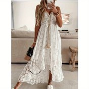 Resim 1pc Elegant Dantel Maksi Elbise] Elegant V-Yaka Dantel Slingback Maksi Elbise, Geometrik Desen, Polyester Dokuma Kumaş, Kontrast Dantel Detayı ile, Yaz için - Uzun Akışkan Yetişkin Elbise 